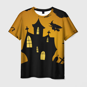 Мужская футболка 3D с принтом Страшный домик в Рязани, 100% полиэфир | прямой крой, круглый вырез горловины, длина до линии бедер | halloween | ведьма | замок | кладбище | кресты | луна | могилы | мышь | надгробья | ночь | призрак | страшно | хэллоуин
