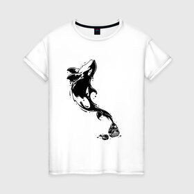 Женская футболка хлопок с принтом Чернильный дельфин в Рязани, 100% хлопок | прямой крой, круглый вырез горловины, длина до линии бедер, слегка спущенное плечо | блики | брызги | дельфин. животное. клякса | касатка | минимализм | пятно | чернила