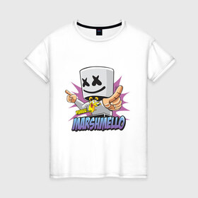 Женская футболка хлопок с принтом Marshmello в Рязани, 100% хлопок | прямой крой, круглый вырез горловины, длина до линии бедер, слегка спущенное плечо | dj | marshmello | marshmelo | в маске | диджей | клубная | клубняк | маршмелло | маршмеллоу | маршмело | маршмэллоу | музыка | электронная