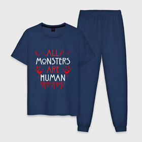 Мужская пижама хлопок с принтом ALL MONSTERS ARE HUMAN в Рязани, 100% хлопок | брюки и футболка прямого кроя, без карманов, на брюках мягкая резинка на поясе и по низу штанин
 | Тематика изображения на принте: all monsters are human | american horror story | blood | американская история ужасов | брызги | кровь | сериал | ужасы