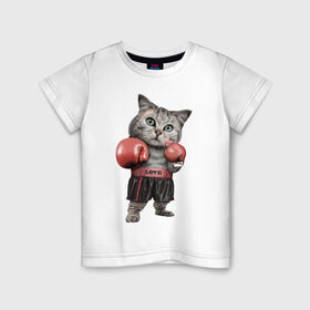 Детская футболка хлопок с принтом Кот боксёр в Рязани, 100% хлопок | круглый вырез горловины, полуприлегающий силуэт, длина до линии бедер | Тематика изображения на принте: боец | бокс | боксёр | кот | котёнок | кошак | кошка | кулак | спорт | шорты