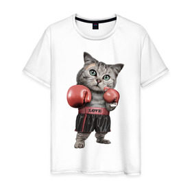 Мужская футболка хлопок с принтом Кот боксёр в Рязани, 100% хлопок | прямой крой, круглый вырез горловины, длина до линии бедер, слегка спущенное плечо. | Тематика изображения на принте: боец | бокс | боксёр | кот | котёнок | кошак | кошка | кулак | спорт | шорты