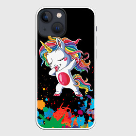 Чехол для iPhone 13 mini с принтом Радужный единорог в Рязани,  |  | dab | dab единорог | dabbing unicorn | unicorn | брызги красок | единорог радуга | краски | прикольные картинки | радуга | радужные краски | радужный единорог