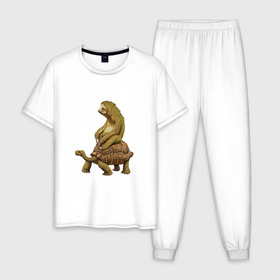 Мужская пижама хлопок с принтом Speed is Relative в Рязани, 100% хлопок | брюки и футболка прямого кроя, без карманов, на брюках мягкая резинка на поясе и по низу штанин
 | ленивец | лень | медленно | медлительный | тормоз | черепаха