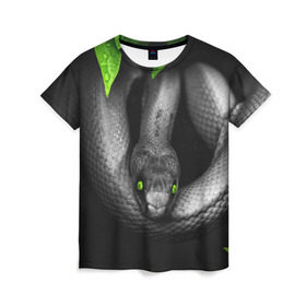 Женская футболка 3D с принтом Змея в Рязани, 100% полиэфир ( синтетическое хлопкоподобное полотно) | прямой крой, круглый вырез горловины, длина до линии бедер | гадюка | животные | змея | листья | природа | удав | черно белое | черное и белое