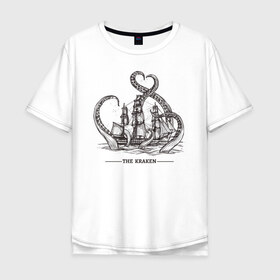Мужская футболка хлопок Oversize с принтом Кракен в Рязани, 100% хлопок | свободный крой, круглый ворот, “спинка” длиннее передней части | корабль | кракен | монстр | море | осьминог