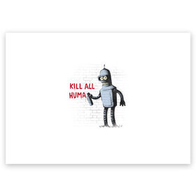 Поздравительная открытка с принтом Человеконенавистник в Рязани, 100% бумага | плотность бумаги 280 г/м2, матовая, на обратной стороне линовка и место для марки
 | Тематика изображения на принте: all | bender | doctor | futurama | humans | kill | mult | robot | simpsons | space | trust | zoidberg | бендер | зойдберг | космос | мульт | мультик | мультфильм | робот | симпсоны | футурама