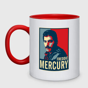Кружка двухцветная с принтом Freddie Mercury в Рязани, керамика | объем — 330 мл, диаметр — 80 мм. Цветная ручка и кайма сверху, в некоторых цветах — вся внутренняя часть | freddie mercury | queen | фредди меркьюри