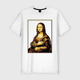 Мужская футболка хлопок Slim с принтом Fuck from Mona Lisa в Рязани, 92% хлопок, 8% лайкра | приталенный силуэт, круглый вырез ворота, длина до линии бедра, короткий рукав | женщина | искусство | картина | лиза | мона | палец