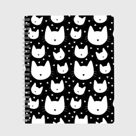 Тетрадь с принтом Love Cats Pattern в Рязани, 100% бумага | 48 листов, плотность листов — 60 г/м2, плотность картонной обложки — 250 г/м2. Листы скреплены сбоку удобной пружинной спиралью. Уголки страниц и обложки скругленные. Цвет линий — светло-серый
 | Тематика изображения на принте: белый | кот | котенок | котэ | котя | котята | кошка | любовь | мимими | паттерн | сердечки | сердце | силуэт | черный | я люблю кошек