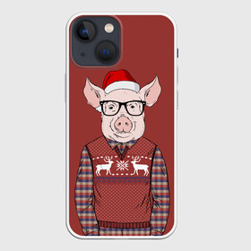 Чехол для iPhone 13 mini с принтом New Year Pig в Рязани,  |  | Тематика изображения на принте: 2019 | merry christmas | new year | год свиньи | зима | новый год | поросенок | праздник | рождество | свинка | свинья