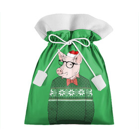 Подарочный 3D мешок с принтом New Year Hipster Pig в Рязани, 100% полиэстер | Размер: 29*39 см | Тематика изображения на принте: 2019 | merry christmas | new year | год свиньи | зима | новый год | поросенок | праздник | рождество | свинка | свинья