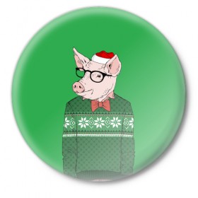 Значок с принтом New Year Hipster Pig в Рязани,  металл | круглая форма, металлическая застежка в виде булавки | 2019 | merry christmas | new year | год свиньи | зима | новый год | поросенок | праздник | рождество | свинка | свинья