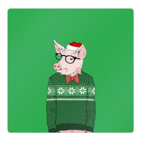 Магнитный плакат 3Х3 с принтом New Year Hipster Pig в Рязани, Полимерный материал с магнитным слоем | 9 деталей размером 9*9 см | 2019 | merry christmas | new year | год свиньи | зима | новый год | поросенок | праздник | рождество | свинка | свинья