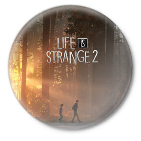 Значок с принтом Life is Strange 2 в Рязани,  металл | круглая форма, металлическая застежка в виде булавки | adventure | life | life is strange | road | video game | дороги | жизнь | закат | квест | лес | приключения