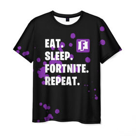 Мужская футболка 3D с принтом Eat Sleep Fortnite Repeat в Рязани, 100% полиэфир | прямой крой, круглый вырез горловины, длина до линии бедер | battle | boss | epic | floss | fortnite | game | games | lama | pubg | pvp | royale | save | survival | the | world | битва | выживание | дроп | игра | игры | королевская | лама | массакр | мир | пабг | спасти | фортнайт