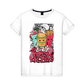 Женская футболка хлопок с принтом Angry Food в Рязани, 100% хлопок | прямой крой, круглый вырез горловины, длина до линии бедер, слегка спущенное плечо | бургер | газировка | граффити | еда | картошка | крест | рок | череп