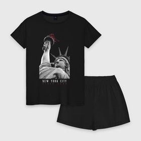 Женская пижама с шортиками хлопок с принтом Статуя свободы в Рязани, 100% хлопок | футболка прямого кроя, шорты свободные с широкой мягкой резинкой | Тематика изображения на принте: new york | америка | нью йорк | статуя свободы | сша