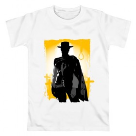 Мужская футболка хлопок с принтом Клинт Иствуд в Рязани, 100% хлопок | прямой крой, круглый вырез горловины, длина до линии бедер, слегка спущенное плечо. | актер | вестерн | дикий запад | кино | клинт иствуд | ковбой | солнце | стрелок | человек | шляпа