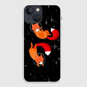 Чехол для iPhone 13 mini с принтом Лисички в Космосе в Рязани,  |  | cute | fox | foxes | ginger | space | tail | забавная | космическая | космонавт | космонавты | космос | лис | лиса | лисица | лисицы | лисичка | лисички | лисы | милая | рыжая | рыжие | скафандр | смешная | фыр | хвост