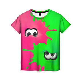 Женская футболка 3D с принтом Splatoon в Рязани, 100% полиэфир ( синтетическое хлопкоподобное полотно) | прямой крой, круглый вырез горловины, длина до линии бедер | брызги | глаза | зеленый | игра | краски | розовый | салатовый