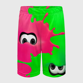 Детские спортивные шорты 3D с принтом Splatoon в Рязани,  100% полиэстер
 | пояс оформлен широкой мягкой резинкой, ткань тянется
 | Тематика изображения на принте: брызги | глаза | зеленый | игра | краски | розовый | салатовый