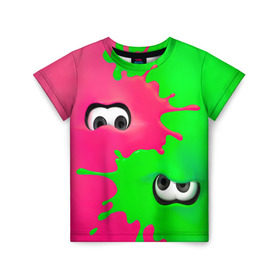 Детская футболка 3D с принтом Splatoon в Рязани, 100% гипоаллергенный полиэфир | прямой крой, круглый вырез горловины, длина до линии бедер, чуть спущенное плечо, ткань немного тянется | Тематика изображения на принте: брызги | глаза | зеленый | игра | краски | розовый | салатовый