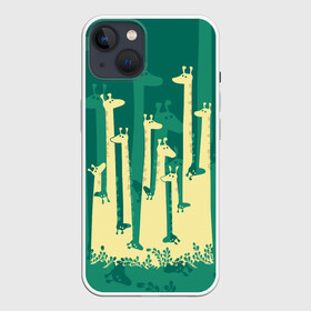 Чехол для iPhone 13 с принтом Жирафы в Рязани,  |  | africa | animals | fantasy | giraffes | long | neck | silhouette | spots | stencil | surrealism | аниме | африка | ветки | длинная | животные | жирафы | зелёный | картинка | крутой | листья | лучший | пятна | растения | рисунок | силуэт