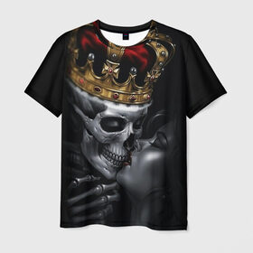 Мужская футболка 3D с принтом Скелет и девушка в Рязани, 100% полиэфир | прямой крой, круглый вырез горловины, длина до линии бедер | девушка | женщина | король | корона | любовь | пара | поцелуй | скелет | череп
