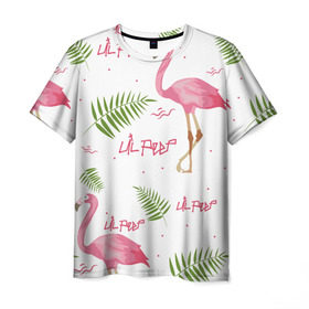 Мужская футболка 3D с принтом Lil Peep pink flamingo в Рязани, 100% полиэфир | прямой крой, круглый вырез горловины, длина до линии бедер | benz truck | girls. pink | gustav hr | hip hop | lil | lil peep | peep | rap | лил | лилпип | листья | пальма | пальмы | пип | розовый | рэп | фламинго | хип хоп | эмо | эмо реп