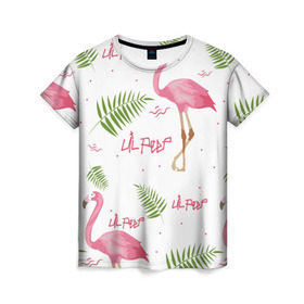 Женская футболка 3D с принтом Lil Peep pink flamingo в Рязани, 100% полиэфир ( синтетическое хлопкоподобное полотно) | прямой крой, круглый вырез горловины, длина до линии бедер | benz truck | girls. pink | gustav hr | hip hop | lil | lil peep | peep | rap | лил | лилпип | листья | пальма | пальмы | пип | розовый | рэп | фламинго | хип хоп | эмо | эмо реп