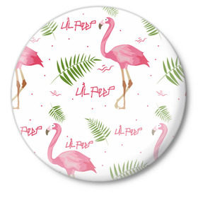 Значок с принтом Lil Peep pink flamingo в Рязани,  металл | круглая форма, металлическая застежка в виде булавки | benz truck | girls. pink | gustav hr | hip hop | lil | lil peep | peep | rap | лил | лилпип | листья | пальма | пальмы | пип | розовый | рэп | фламинго | хип хоп | эмо | эмо реп