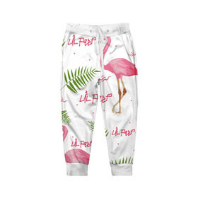 Детские брюки 3D с принтом Lil Peep pink flamingo в Рязани, 100% полиэстер | манжеты по низу, эластичный пояс регулируется шнурком, по бокам два кармана без застежек, внутренняя часть кармана из мелкой сетки | benz truck | girls. pink | gustav hr | hip hop | lil | lil peep | peep | rap | лил | лилпип | листья | пальма | пальмы | пип | розовый | рэп | фламинго | хип хоп | эмо | эмо реп