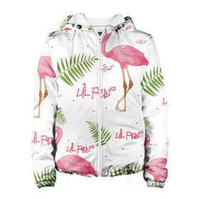 Женская куртка 3D с принтом Lil Peep pink flamingo в Рязани, ткань верха — 100% полиэстер, подклад — флис | прямой крой, подол и капюшон оформлены резинкой с фиксаторами, два кармана без застежек по бокам, один большой потайной карман на груди. Карман на груди застегивается на липучку | benz truck | girls. pink | gustav hr | hip hop | lil | lil peep | peep | rap | лил | лилпип | листья | пальма | пальмы | пип | розовый | рэп | фламинго | хип хоп | эмо | эмо реп