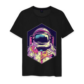 Мужская футболка хлопок с принтом Космонавт с Едой в Рязани, 100% хлопок | прямой крой, круглый вырез горловины, длина до линии бедер, слегка спущенное плечо. | астронавт | в космосе | галактика | еда | звезды | космонавт | космос | пицца | пончик