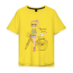 Мужская футболка хлопок Oversize с принтом Девушка, котенок и велосипед в Рязани, 100% хлопок | свободный крой, круглый ворот, “спинка” длиннее передней части | 