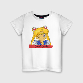 Детская футболка хлопок с принтом Sailor Moon Good Luck в Рязани, 100% хлопок | круглый вырез горловины, полуприлегающий силуэт, длина до линии бедер | Тематика изображения на принте: good luck | goodluck | sailor moon | sailormoon | мультик | мультяшка | надпись | сейлор мун | сейлормун | сэйлормун | удачи