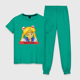 Женская пижама хлопок с принтом Sailor Moon Good Luck в Рязани, 100% хлопок | брюки и футболка прямого кроя, без карманов, на брюках мягкая резинка на поясе и по низу штанин | Тематика изображения на принте: good luck | goodluck | sailor moon | sailormoon | мультик | мультяшка | надпись | сейлор мун | сейлормун | сэйлормун | удачи