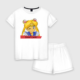 Женская пижама с шортиками хлопок с принтом Sailor Moon Good Luck в Рязани, 100% хлопок | футболка прямого кроя, шорты свободные с широкой мягкой резинкой | good luck | goodluck | sailor moon | sailormoon | мультик | мультяшка | надпись | сейлор мун | сейлормун | сэйлормун | удачи