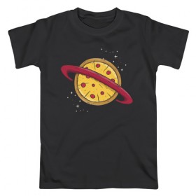 Мужская футболка хлопок с принтом Пицца Планета в Рязани, 100% хлопок | прямой крой, круглый вырез горловины, длина до линии бедер, слегка спущенное плечо. | галактика | пицца | планета | планеты | с едой | сатурн
