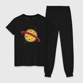 Женская пижама хлопок с принтом Пицца Планета в Рязани, 100% хлопок | брюки и футболка прямого кроя, без карманов, на брюках мягкая резинка на поясе и по низу штанин | галактика | пицца | планета | планеты | с едой | сатурн