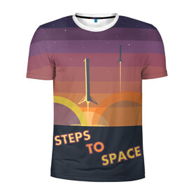 Мужская футболка 3D спортивная с принтом STEPS TO SPACE в Рязани, 100% полиэстер с улучшенными характеристиками | приталенный силуэт, круглая горловина, широкие плечи, сужается к линии бедра | elon musk | falcon 9 | spacex | илон маск | ступень ракеты