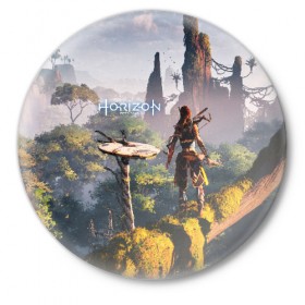 Значок с принтом HORIZON ZERO DAWN в Рязани,  металл | круглая форма, металлическая застежка в виде булавки | aloy | game | horizon zero dawn | hunter | machine | mecha | robot | snow | spear | the frozen wilds | weapon | игры | постапокалипсис | роботы | фентези | элой