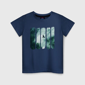 Детская футболка хлопок с принтом Орёл над хвойным лесом в Рязани, 100% хлопок | круглый вырез горловины, полуприлегающий силуэт, длина до линии бедер | Тематика изображения на принте: лес | орел | природа | туман | хвойный лес