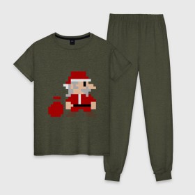 Женская пижама хлопок с принтом Pixel Santa в Рязани, 100% хлопок | брюки и футболка прямого кроя, без карманов, на брюках мягкая резинка на поясе и по низу штанин | 8 bit | 8 бит | 8bit | geek | oldschool | pixel | santa | santa claus | дед мороз | игра | олдскул | пиксель | пиксельный | санта | санта клаус