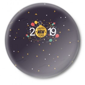 Значок с принтом Happy new year 2019 в Рязани,  металл | круглая форма, металлическая застежка в виде булавки | 