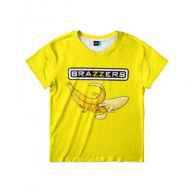 Детская футболка 3D с принтом Brazzers в Рязани, 100% гипоаллергенный полиэфир | прямой крой, круглый вырез горловины, длина до линии бедер, чуть спущенное плечо, ткань немного тянется | brazzers | банан | бразерс | логотип | надпись | прикол | юмор