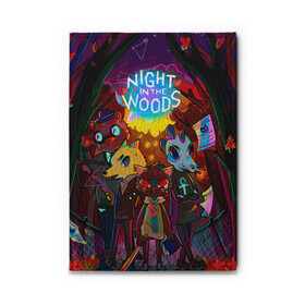 Обложка для автодокументов с принтом Night in the Woods (1) в Рязани, натуральная кожа |  размер 19,9*13 см; внутри 4 больших “конверта” для документов и один маленький отдел — туда идеально встанут права | Тематика изображения на принте: bear | cat | fox | night | night in the woods | woods | кот | лес | лис | медведь | ночь | ночь в лесу