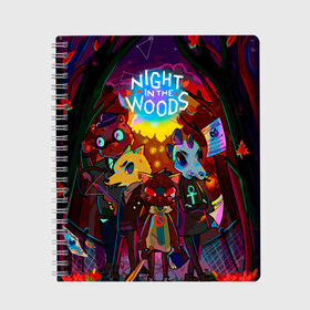 Тетрадь с принтом Night in the Woods (1) в Рязани, 100% бумага | 48 листов, плотность листов — 60 г/м2, плотность картонной обложки — 250 г/м2. Листы скреплены сбоку удобной пружинной спиралью. Уголки страниц и обложки скругленные. Цвет линий — светло-серый
 | Тематика изображения на принте: bear | cat | fox | night | night in the woods | woods | кот | лес | лис | медведь | ночь | ночь в лесу