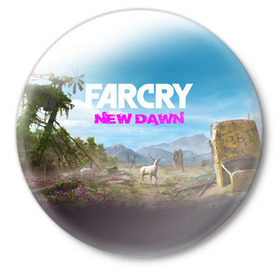 Значок с принтом FAR CRY NEW DAWN в Рязани,  металл | круглая форма, металлическая застежка в виде булавки | action | far cry | far cry new dawn | game | gamer | montana | player | shooter | usa | врата эдема | знак | игра | культ | секта | символ | символика | шутер | эдем